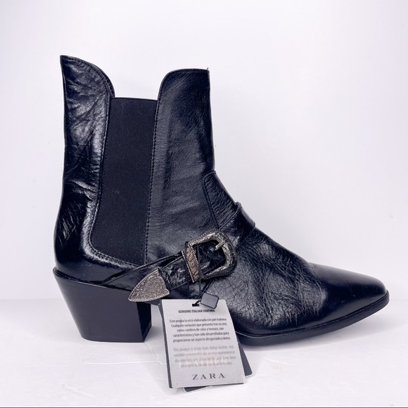 Zara Shoes - Zara Black Leather Western Ankle Boot with Buckle